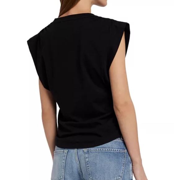 New 7 FOR ALL MANKIND Extended Shoulder V Neck Ruched Tee Women’s SIZE S Black - Picture 3 of 9